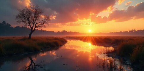 Obraz premium Golden hour light bathes tranquil wetland, reflecting sunset's warm hues on still water , nature, plants, still