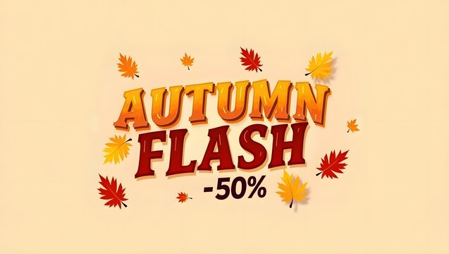 "Autumn Flash -50%" in dynamic font with bright fall colors and minimal leaf accents. A bold and vibrant design perfect for promoting flash sales and seasonal discounts.