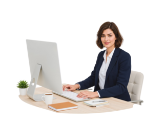 Elegant professional working at her desk with a modern computer setup and transparent surrounding