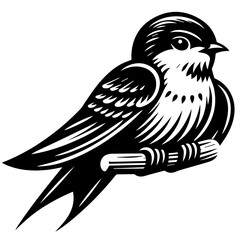 Obraz premium Illustration of a swallow bird perched on a branch with detailed feather and wing patterns in black and white