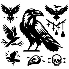 Collection of black raven illustrations with skull and gothic elements in various arrangements