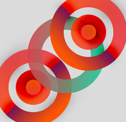 Abstract circles overlap, creating vibrant color gradients. Red, teal, white dominate composition. Modern design, simple shapes.