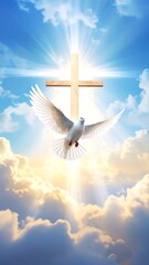 A white dove in flight before a radiant cross in a heavenly sky