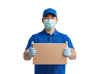 Delivery worker holding package wearing a face mask isolated on transparent background