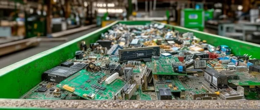 An in-depth look at an e-waste container filled to overflowing with disassembled devices, showcasing complex circuit boards and a diverse array of electrical components prepared for automated extracti
