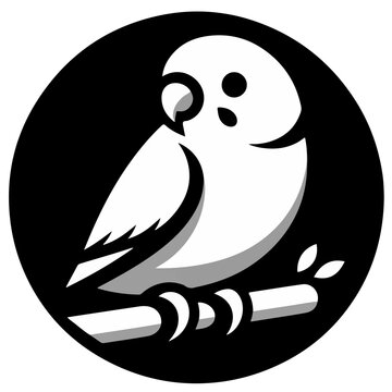 Illustration of a white parakeet perched on a branch inside of a black circle background vector art