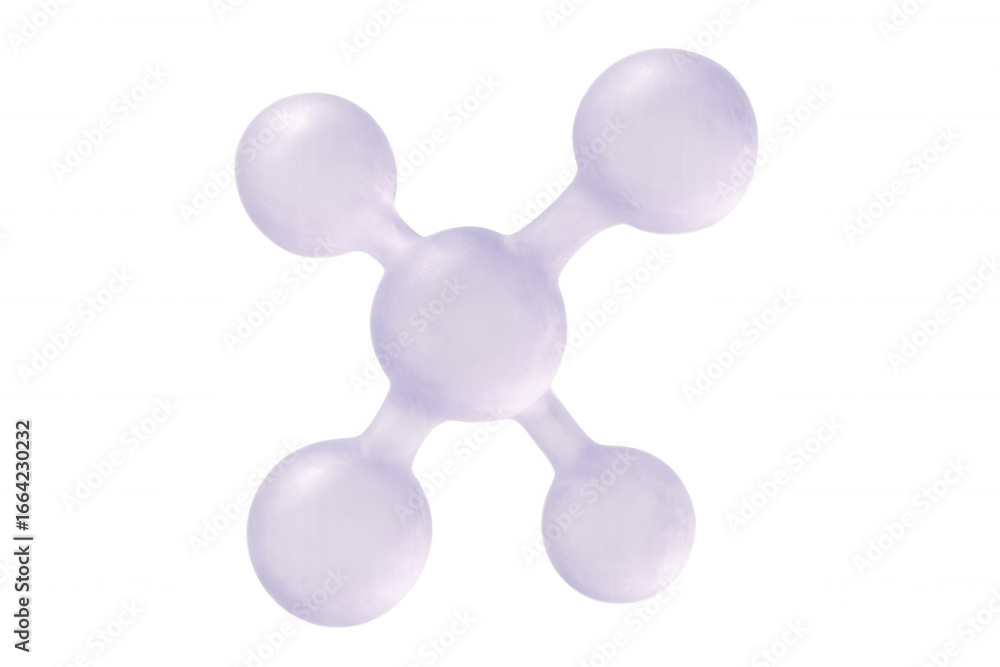 Poster molecular network rendering, four interconnected spheres linked by central node, transparent digital