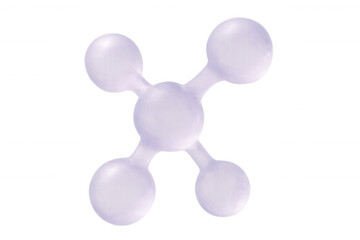 Molecular network rendering, four interconnected spheres linked by central node, transparent digital visualization