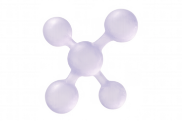 Molecular network rendering, four interconnected spheres linked by central node, transparent digital visualization