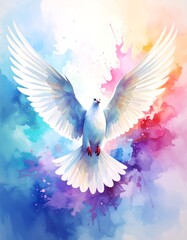 A white dove in flight, surrounded by a vibrant watercolor explosion of color