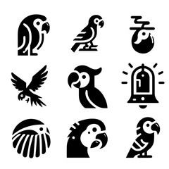 Collection of nine black and white parrot icons in various poses and styles on a white background design