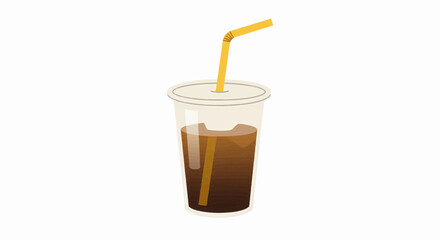 A simple flat vector illustration of a cold iced coffee beverage in a plastic takeaway cup with a straw