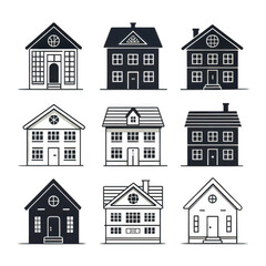 Nine dark houses isolated on transparent background