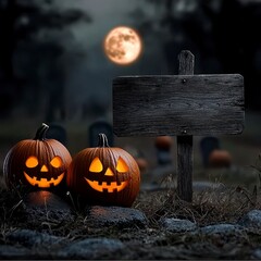 A spooky Halloween scene features a skeleton holding a blank wooden sign in a graveyard at night illuminated by jack o lanterns. Eerie autumn backdrop bony figure clutches empty timber