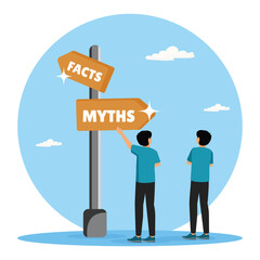 Fact vs Myth concept.Two man at Facts vs Myths directional sign.