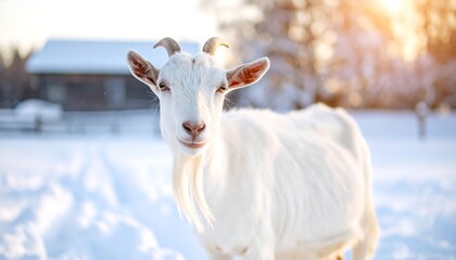 A white goat stands in a snowy field, looking directly at the camera, sunlit