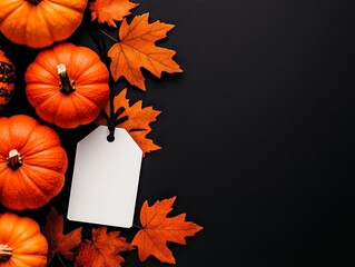 Autumn Pumpkins Surrounded By Colorful Leaves And A Blank Tag. Festive fall harvest bounty vibrant foliage backdrop customizable label for seasonal greeting thanksgiving decoration