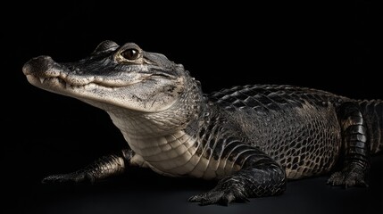 Fototapeta premium Moderate Alligator Close-Up with Black Background in Detailed Portrait