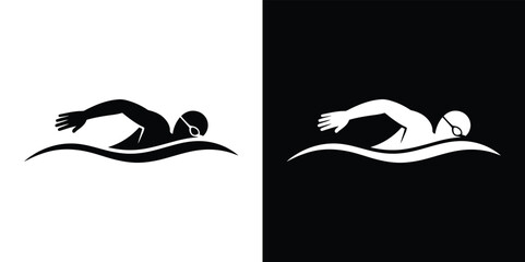 Swimmer Icon Silhouette with Goggles in Water on Split White and Black BG
