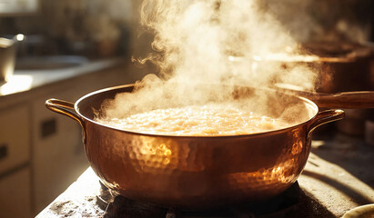 Copper pot with steaming porridge on a kitchen counter with warm sunlight