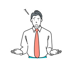 困った表情で比較に迷うビジネスマン｜ベクター線画のビジネス人物イラスト