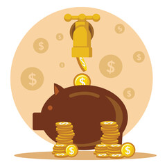 Money leaking concept. Faucet with money income flow into broken leaking piggy bank.