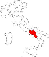 Map of Italy highlighting the Campania region. Perfect for projects on its rich history, ancient ruins like Pompeii, and stunning coastline.