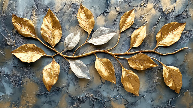 Decorative Gold and Silver Leaf Branch on Textured Blue Wall