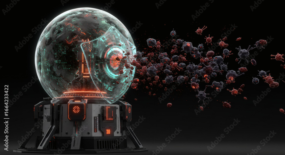 Poster digital defense a futuristic shield protecting against cyber threats and attacks on data