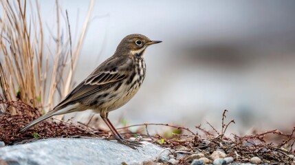 Fototapeta premium Small Bird Standing on Ground Among Grass and Stones in Nature