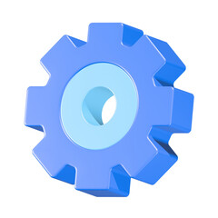A three-dimensional blue gear icon represents technology, engineering, and industry 3d rendering...