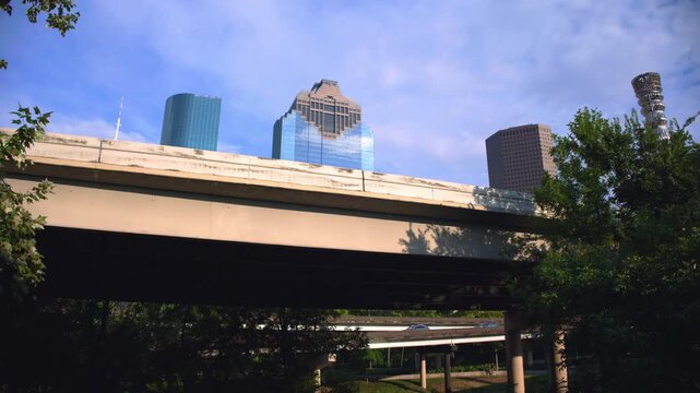Low Angle View of Downtown Houston Skyline Beneath I-45 North Freeway