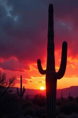 Tall saguaro cactus silhouetted against fiery sunset sky , image, americana