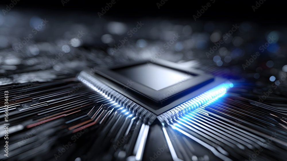Poster close-up of a microchip with illuminated connections, showcasing advanced technology
