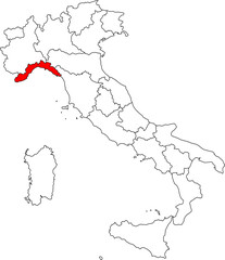 Map of Italy highlighting the Liguria region. Ideal for projects on its stunning coastline, picturesque villages like Cinque Terre, and the city of Genoa