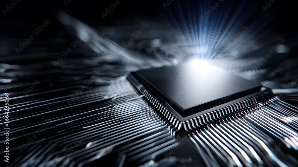 Aufkleber high-tech microchip with illuminated connections on a dark background