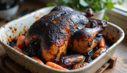 Close-up of burnt roasted chicken with carrots in a ceramic dish, showing charred edges, oily spots, and uneven texture, ideal for culinary mistakes, tutorials, food blogs, and realistic cooking