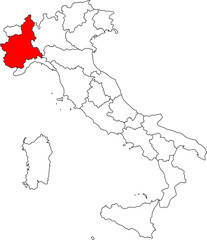 Map of Italy highlighting the Piedmont region. Perfect for projects on its Alps, automotive industry, famous wines, and the historic city of Turin