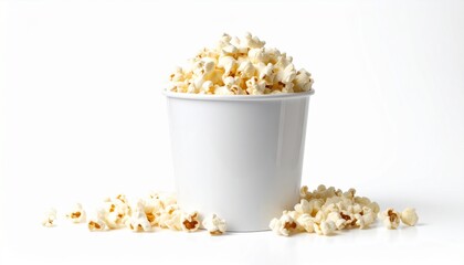 White metal bucket filled with popcorn on white background.