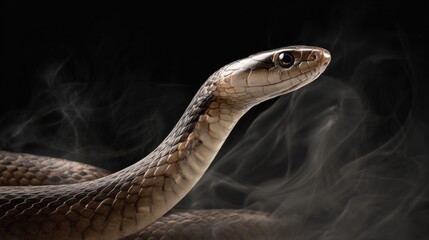 Naklejka premium Elegant Brown Snake Slithering Through Misty Smoke Background
