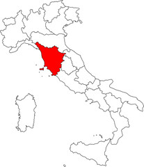 Map of Italy highlighting the Tuscany region. Perfect for projects on Renaissance art, famous vineyards, rolling hills, and historic cities like Florenc