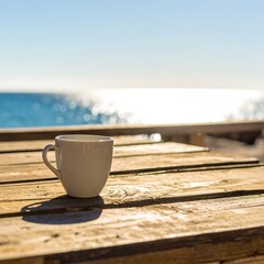 A white mug sits on a weathered wooden table overlooking a calm ocean under a bright sun