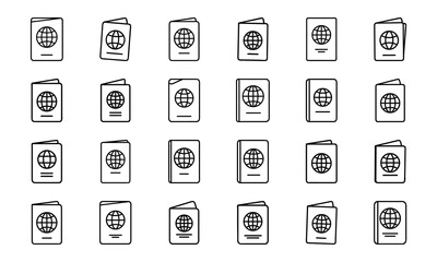 Travel and Adventure Line Icons Set – Tourism, Vacation, Hiking, Camping, Airplane Ticket, Luggage, Backpack, Mountain Climbing, Surfing, Cycling, Snorkeling, Summer Holiday and Outdoor Exploration Ve