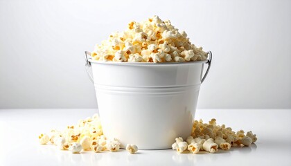 White metal bucket filled with popcorn on white background.