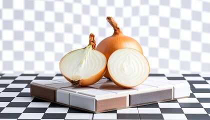 Two whole and halved onions rest on a mosaic tile surface against a checkered background.