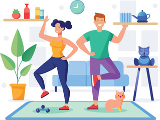 Couple exercising at home isolated on white background for fitness, health, and wellness lifestyle