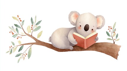Cute Koala Reading a Book on a Branch