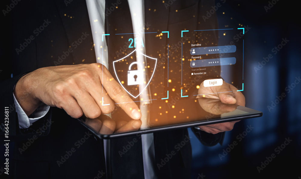 Poster two-factor authentication strengthens login system security. adds protection, two-factor authenticat