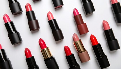 Obraz premium Lipstick tubes in red, pink, and nude shades arranged in geometric white maze layout.