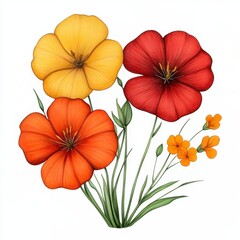 Watercolor Painting of Yellow Orange and Red Flowers
